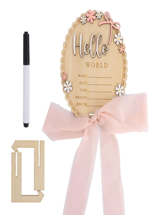 Penitue Baby Announcement Sign with Stand & Marker, Wooden Hello World Baby Birth Name Sign with Light Pink Ribbon for Hospital Newborn Photoshoot Rustic Keepsake Nursery Decor - Image 1
